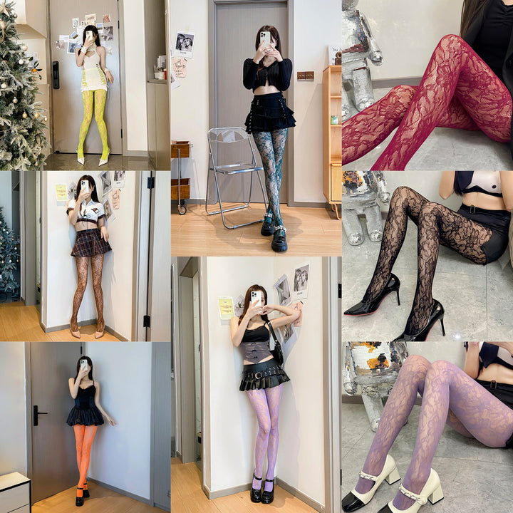 Punk Style Medias De Rejilla Women's Club Party Pantyhose/Tights Candy Color Floral Fishnet Stockings Collant Femme