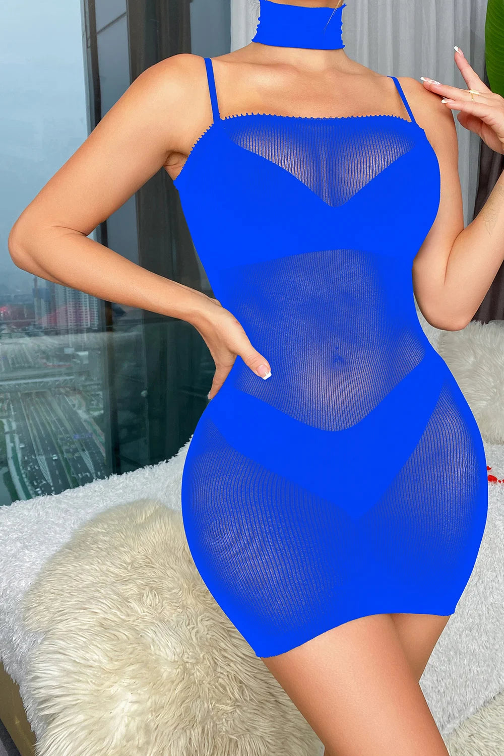 Valentine's Day Sexy Fishnet Lingerie Dress with Neckline Rhinestone Lingerie Femme Sexy Bodystocking Exotic Dancewear