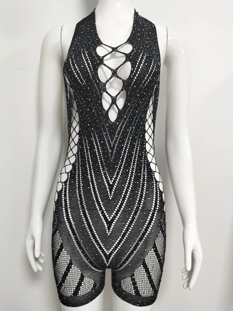 Custom Designer Sexy Rhinestone Stockings Full Body Womens Sexy Erotic Dancewear Nightclub Bling Sheer Lingerie Dress