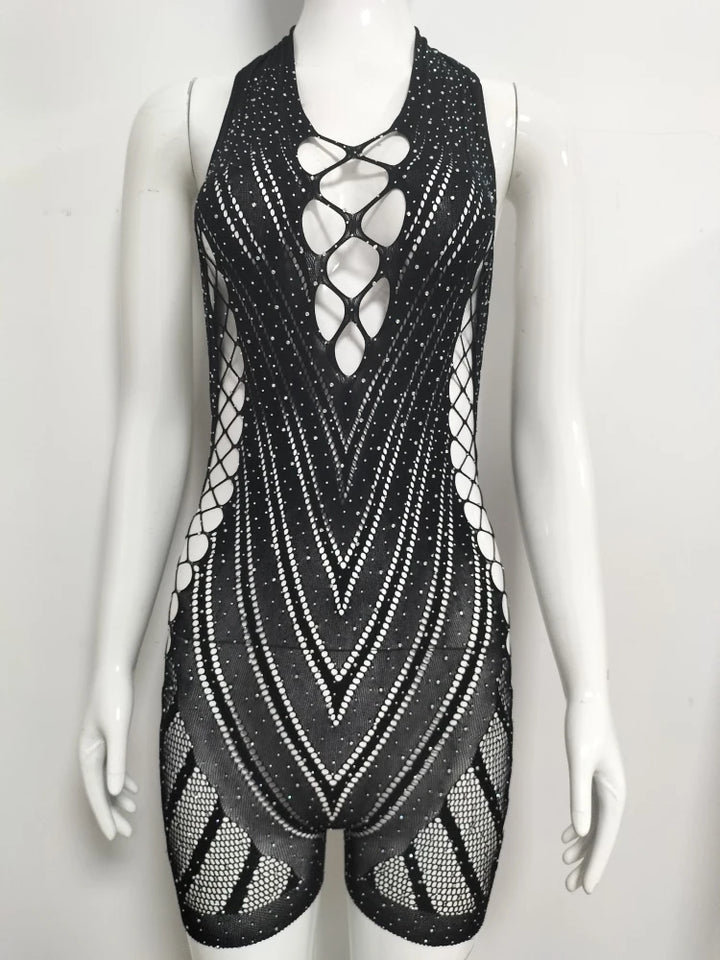 Custom Designer Sexy Rhinestone Stockings Full Body Womens Sexy Erotic Dancewear Nightclub Bling Sheer Lingerie Dress