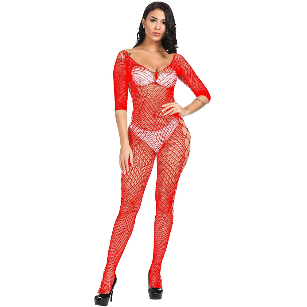 Nylon Fishnet Stockings Full Body Women Erotic Lingerie Open Crotch Bodysuits Sexy Cutout Transparent Bodystocking