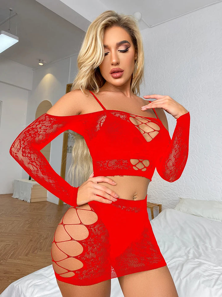 NEW Designer Costumes 2 Pieces Set Fishnet Exotic Lingerie Playsuit Floral Bodystocking Chemise Negligees Mini Dress