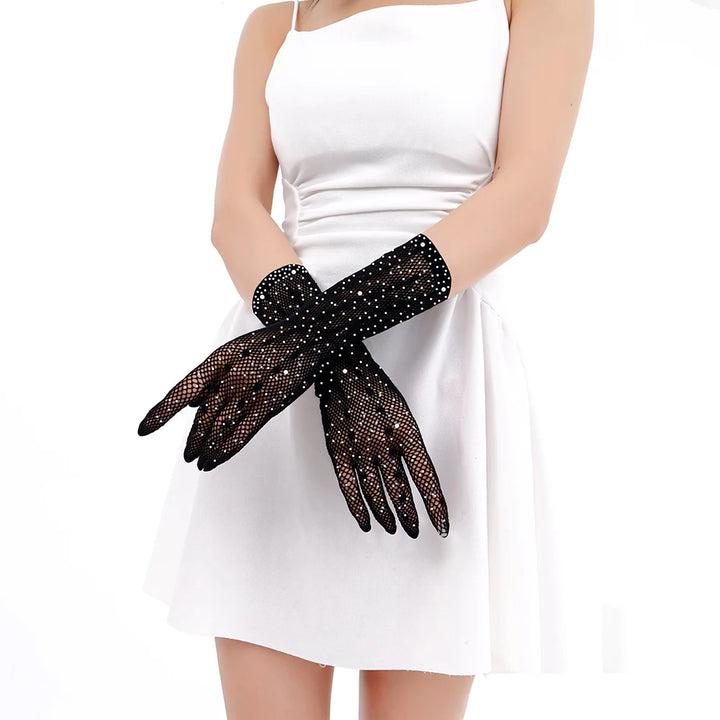 2025 Wholesales Sexy Black Fishnet Gloves with Rhinestones Great Elastic Gothic Mesh Thin Knitted Weave for Party Tzs216