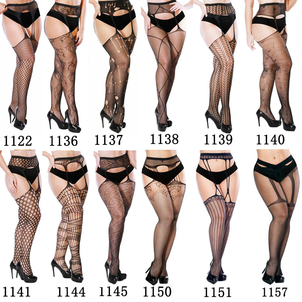 2023 Suspender Pantyhose Attached Stockings Fishnet Lace Thigh High Garter Belt Stockings Women's Exotic Lingerie Woman