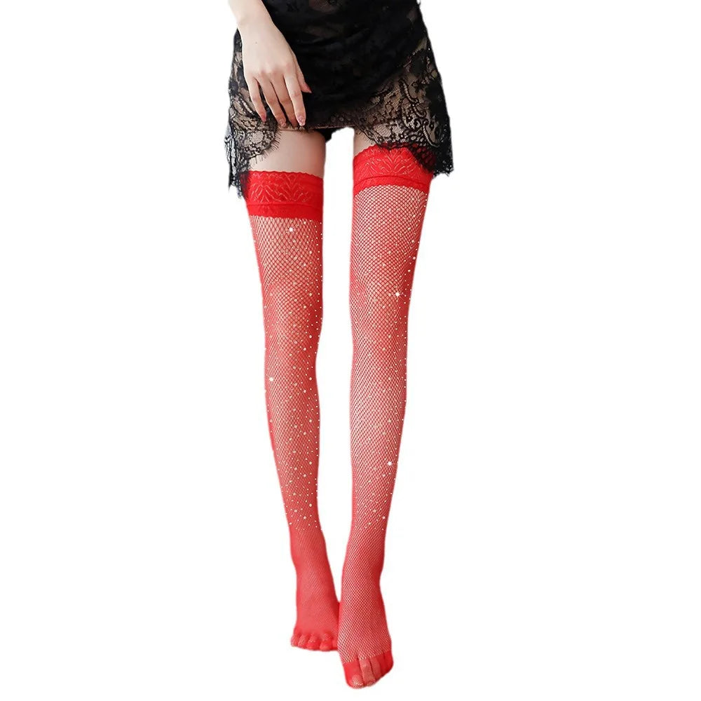 Anti Slip Rhinestone Fishnet Stockings Hosiery One Size Fit Lace Mesh Sheer Lingerie Femme Sexy Crotchless Leggings