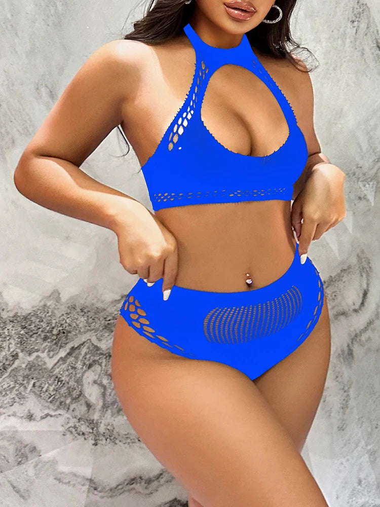 Womens Fishnet Lingerie Sexy Bra and Panty High Waist Sleepwear Two Piece Set Stripper Outfit Pajamas Sleepwear