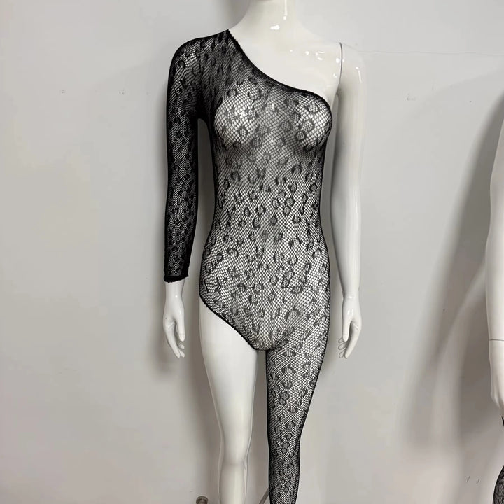 NEW Leopard Single Sleeve Bodystocking Women Doll Mesh Erotic Lingerie Stockings Full Body Enceria Sexy Long Sleeve Bodysuit