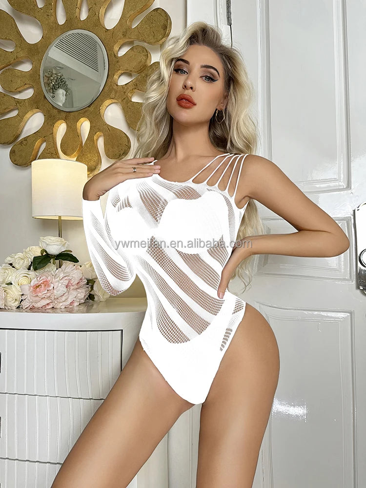 Sexy Shoulder Halter Attached Fishnet Bikini Tops Women's Sexy Lingerie Dress Sexy Nylon Knitted Bodysuit Lingerie