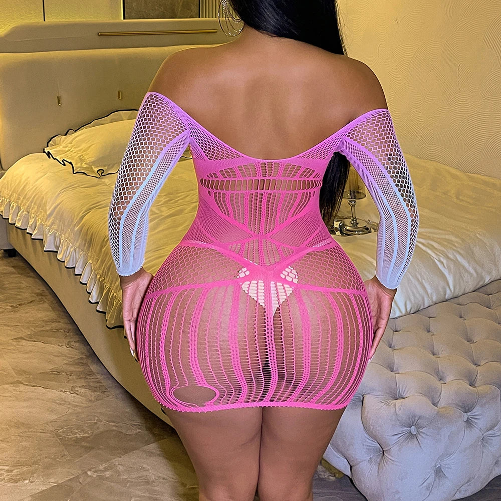 Women's Summer Fashion New Gradient Mesh Dress Sexy Underwear with Hollow Design Light Control Level Bodysuits Made Nylon W845