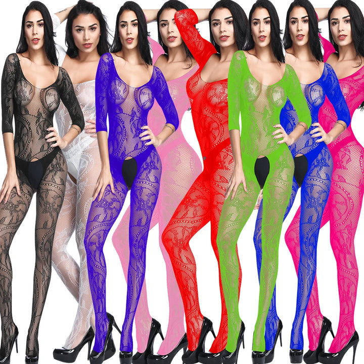 Vintage Full Body Erotic Lingerie Dancewear Femme Sexy Crotchless Bodysuit Black Lace Cutout Transparent Bodystocking