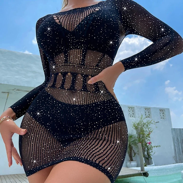 Women's Lingerie Costumes Bling Rhinestone Fishnet Bodystocking See Through One Piece Outfits Clubwear Glitter Bodydress