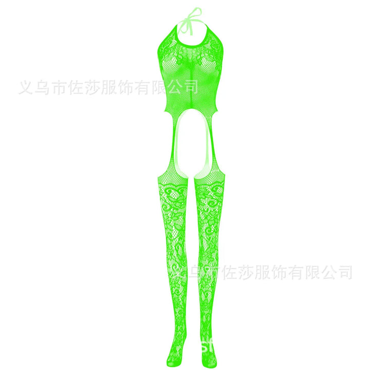 One Size Fits Black Floral Pattern Fishnet Bodystocking Attached Stockings Sexy Lingerie Crotchless Mesh Suspender Tights