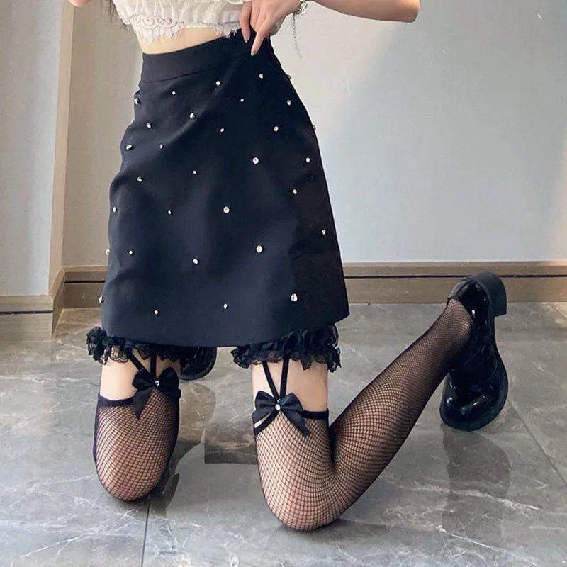Sexy High Waisted Tights Lace Bow Condole Lace Suspender Thigh High Knee Fishnet Stockings Costume Party Tights