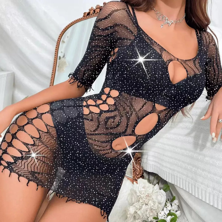 2025 Sexy Lingerie White Teddy/Bodysuit Hollow Out Exotic Dancewear Bodystocking Nightclub Dresses Women Club Skirt Outfit