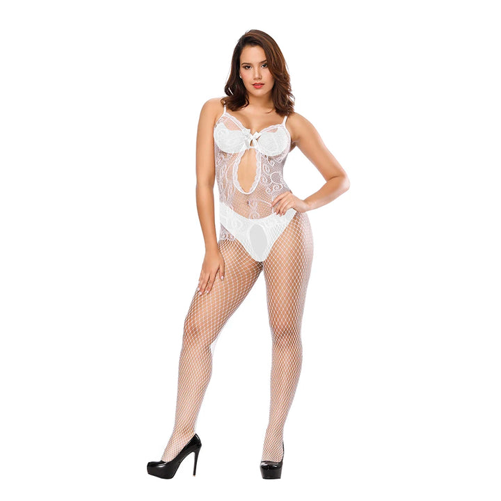 Hot Sale Women Sexy Crotchless Body Stocking With Bows Black Lace Exotic Lingerie Femme Sexy Plus Size Bodysuit Dress