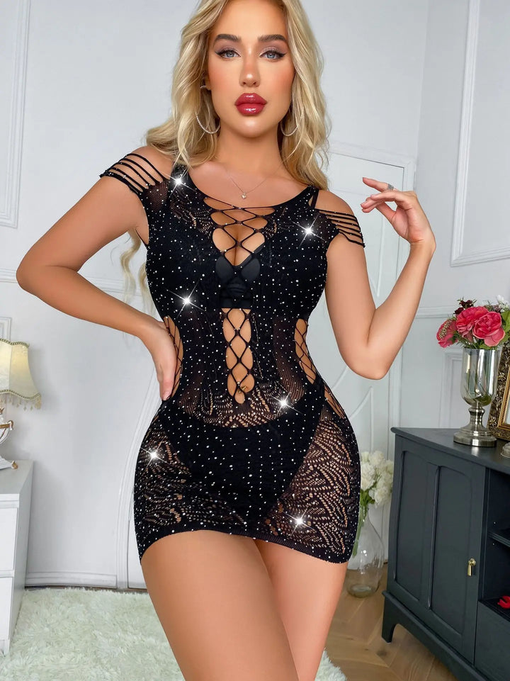 Rhinestone Fishnet Bodystocking Hollow Out Wrap Hip Dress Open-breasted Bodysuit Club Outfits for Women Sexy Tz092