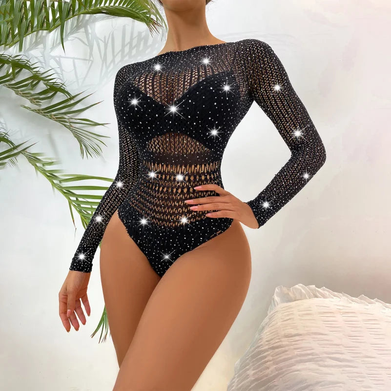 Honeymoon Muti-style Fishnet Jumpsuit Chemise Bling Rhinestone Stockings Lingerie Womens Sexy Crocthless Bodystocking