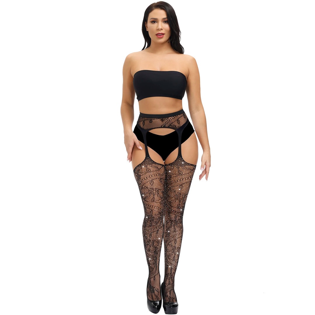 Wholesale Suspender Rhinestone Stockings Open Crotch Transparent Pantyhose Women Diamond Fishnet Tights Tz1517