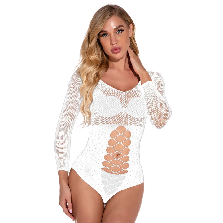 Rhinestone Fishnet Bodystocking See Through Women Sexy Lingerie  Long Sleeve One Piece Jumpsuit Women's Party Wear Dress