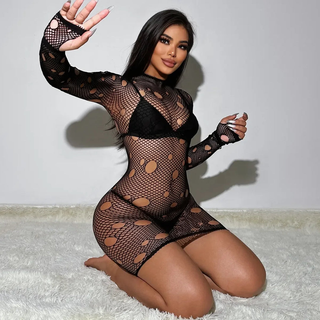 Sexy Fishnet Bodystocking Long Sleeve Transparent Bodysuit Stockings Full Body Floral Dress for Women