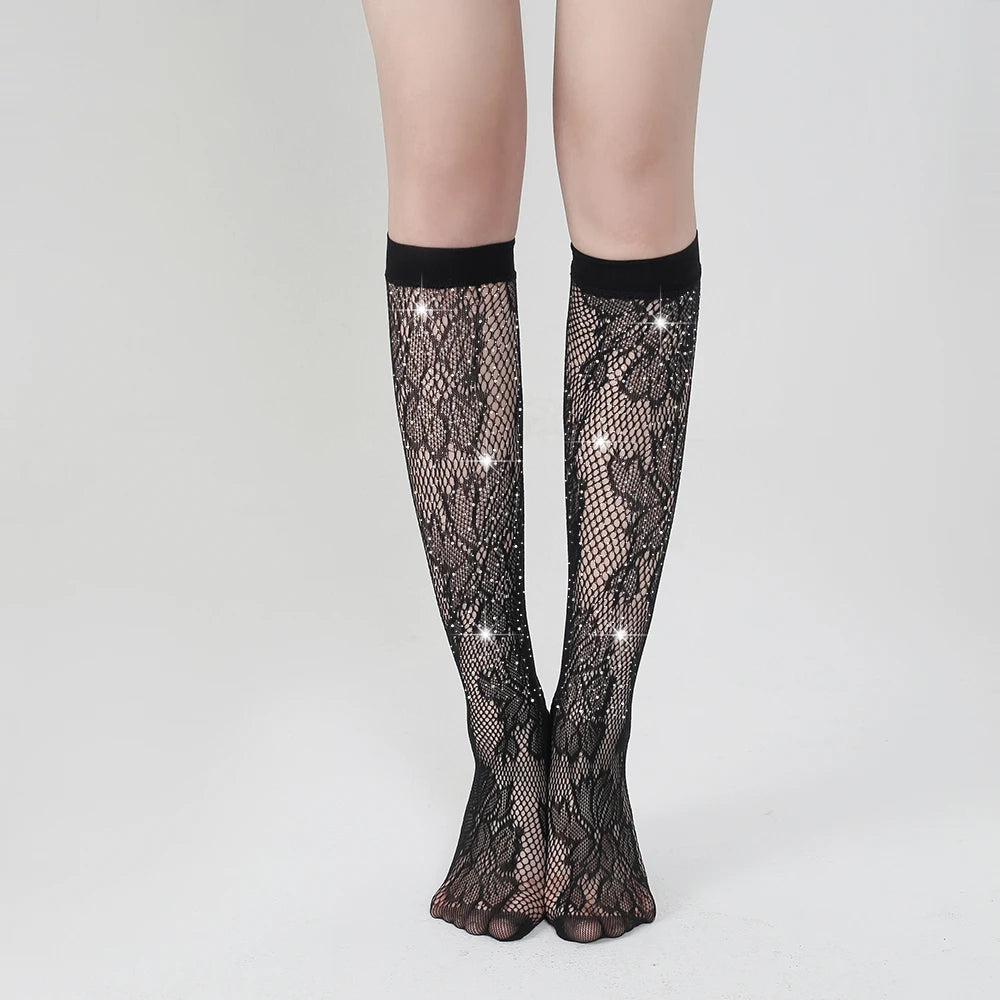 Sexy Rhinestone Nylon Fishnet Long Socks Fashion Decor for Women's Clothing Nylon Hosiery Stockings Lingerie Femme