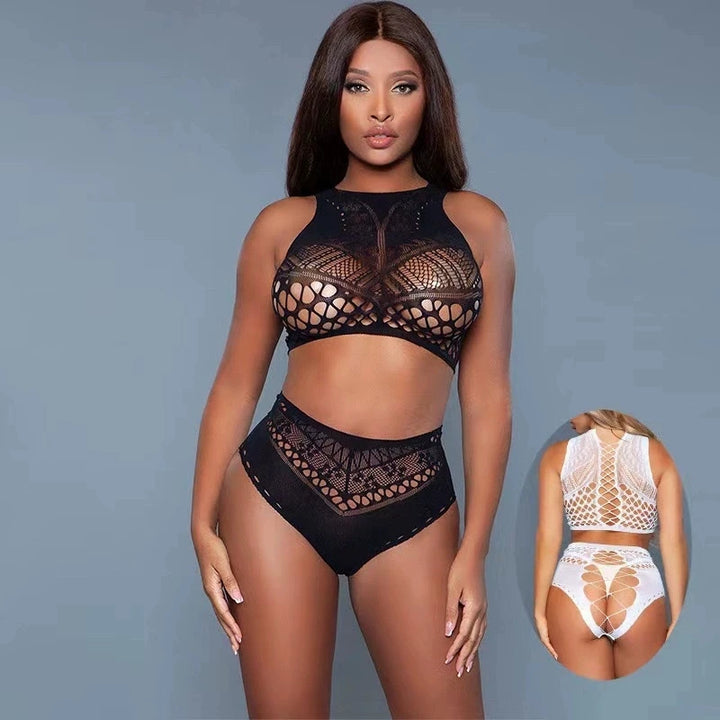 Hot Retro Women's Clothing Black Lace Panties Sexy Seamless Lingerie Erotic Dancewear Nylon Fishnet Lingerie Dress 2pc