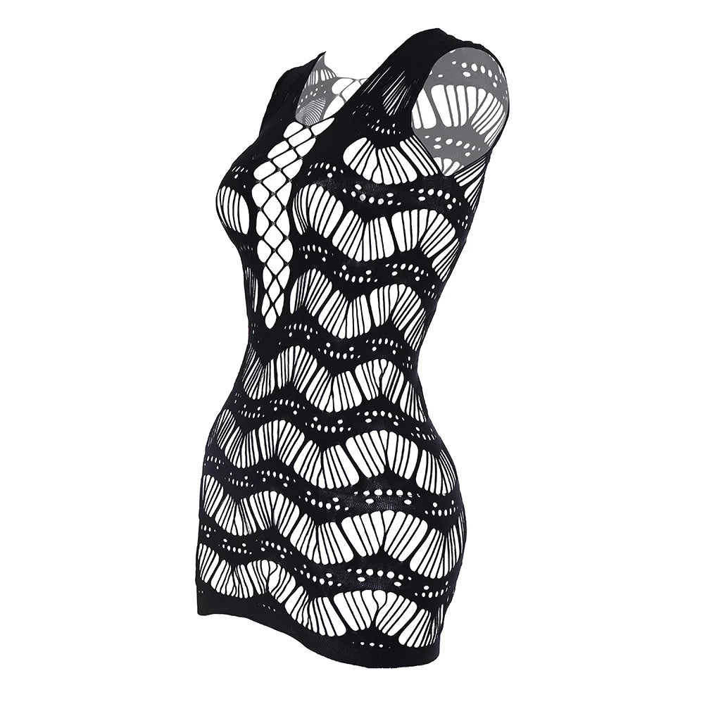 Sexy Body Stocking Dress Transparent Hollow Out Jumpsuit Plus Size Bodycon Dress Lingerie Bodysuits Club Outfits for Women