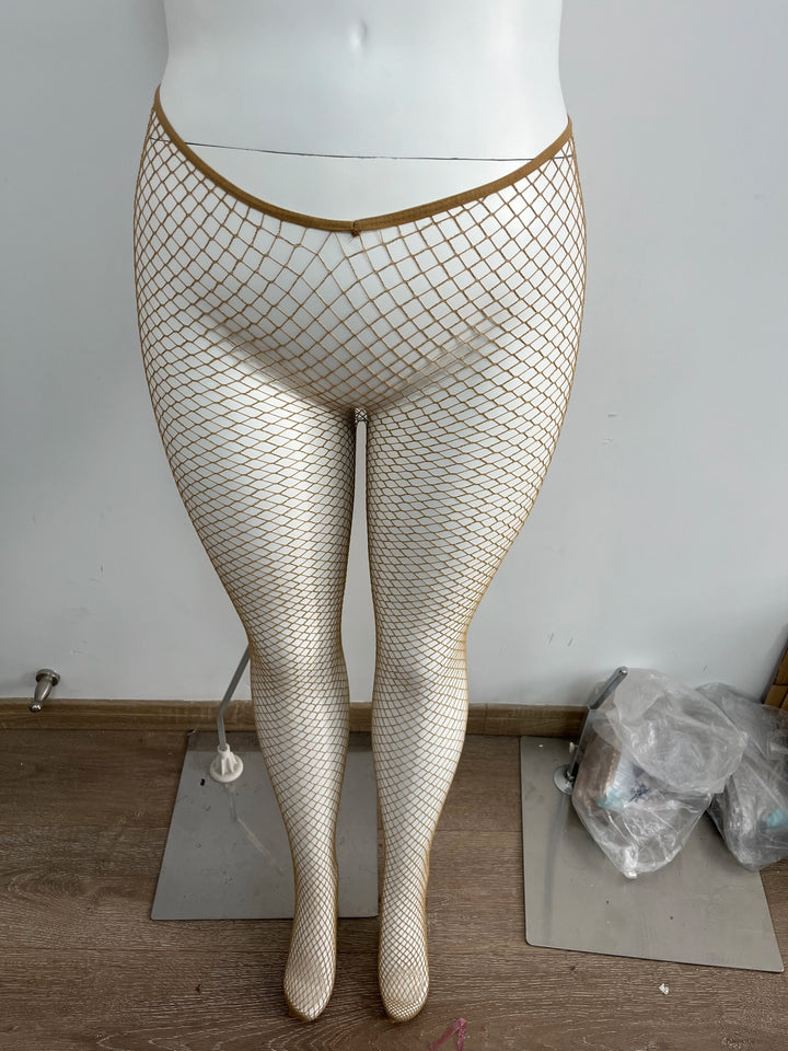 Whosale V-Cut Skintone Gold Glitter Fishnet Stockings Plus Size Carnival Tights for Women Black Brown Skin Spandex