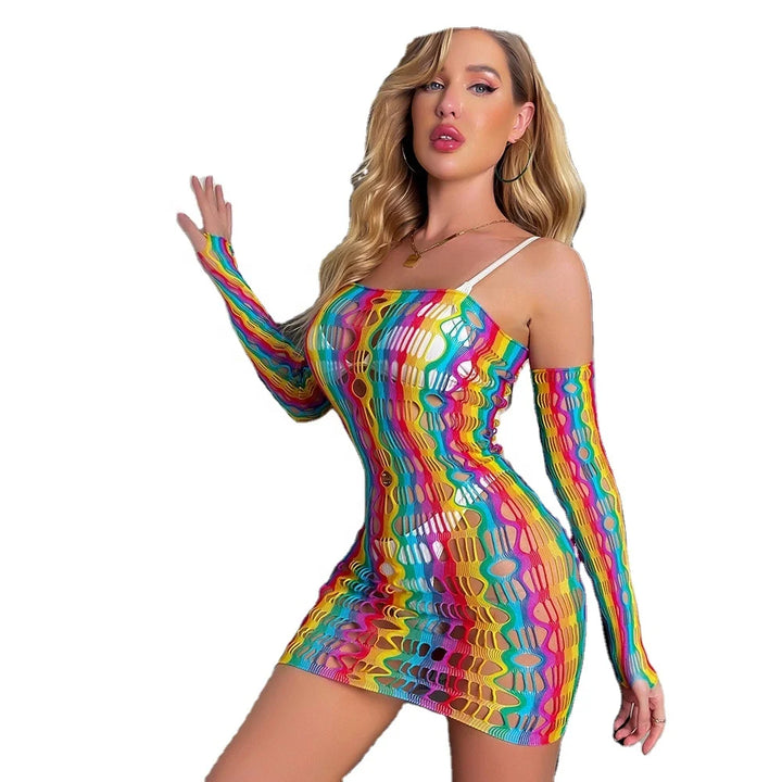 2024 Femme Lingerie Sexy Nylon Bodystocking Women Sexy Erotic Lingerie Stockings Hollow Out Rainbow Fishnets Dress