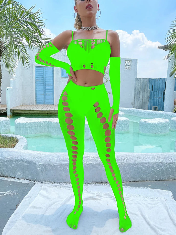 2024  Summer  Hawaiian Vacation  Beachwear Cuffs Halter Ups Thigh-high Pantyhose Set Big Hole Sheer Fishnet Body Stocking
