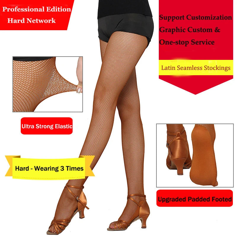 Professional Latin Dance Fishnet Tights Seamless Padded Footed Stockings High Waist Nude Small Hole Anti-Slip Socks