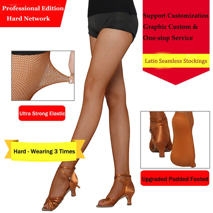 Professional Latin Dance Fishnet Tights Seamless Padded Footed Stockings High Waist Nude Small Hole Anti-Slip Socks