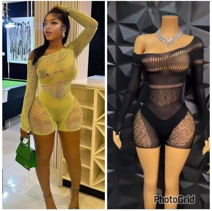 2025 Sexy Lingerie Bodysuits with Sleeves Hollow Out Dancewear Bodystocking Nightclub Dresses Women Sexy Club Skirt Outfit