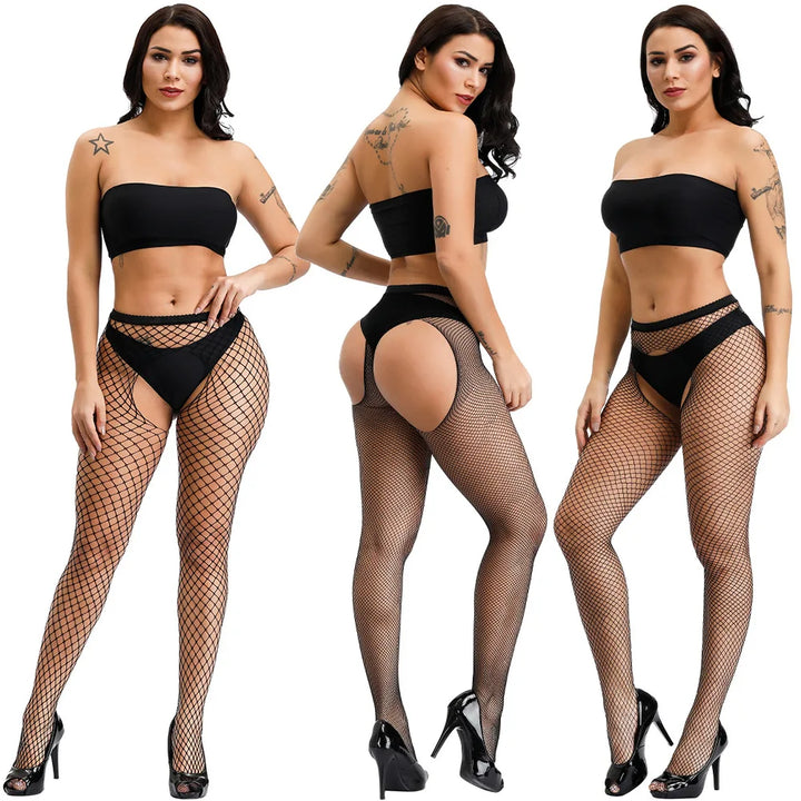 Four Sides Crotchless Pantyhose Women's Sexy Mini Holes Fishnet Tights Nylon Hosiery Stockings Mesh Sheer Lingerie