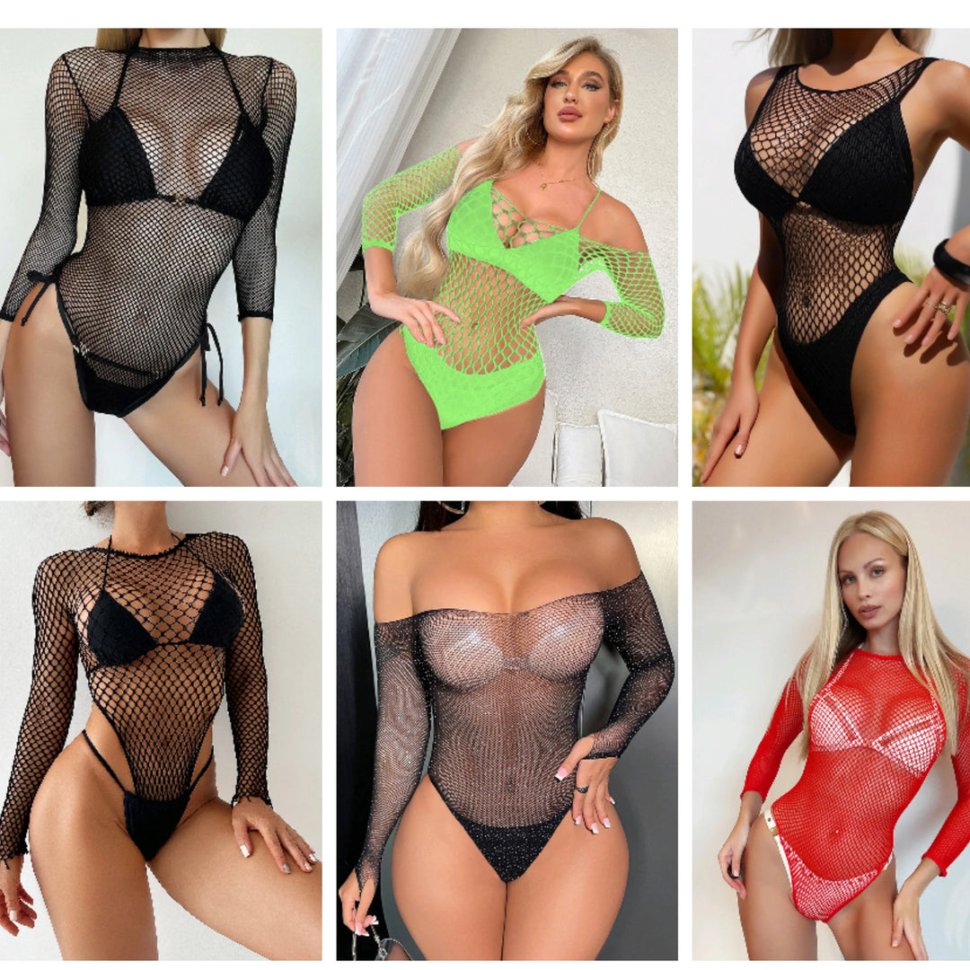 Mesh Sheer Chemise Rhinestone Womens Sexy Body Stocking Lingerie Femme Long Sleeve Bikini Summer Outfits Teddy Dress