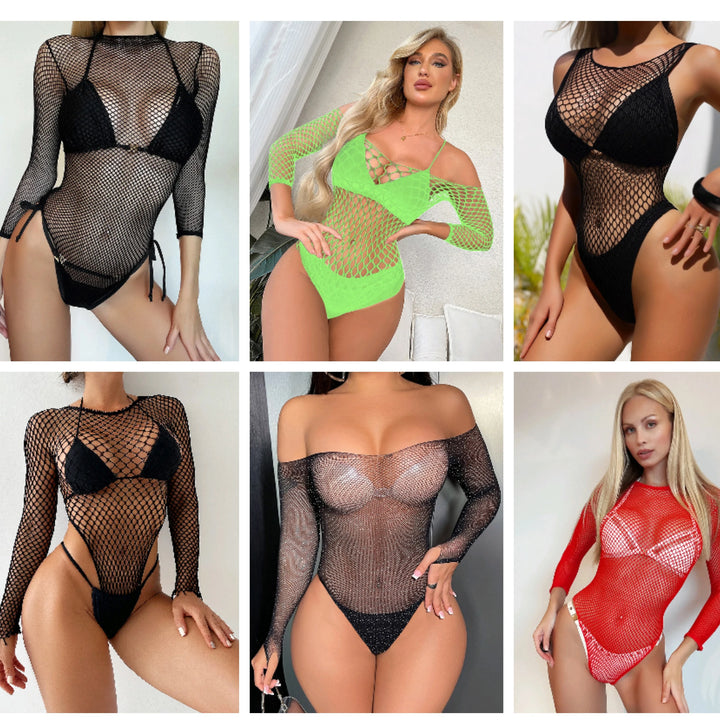 Mesh Sheer Chemise Rhinestone Womens Sexy Body Stocking Lingerie Femme Long Sleeve Bikini Summer Outfits Teddy Dress
