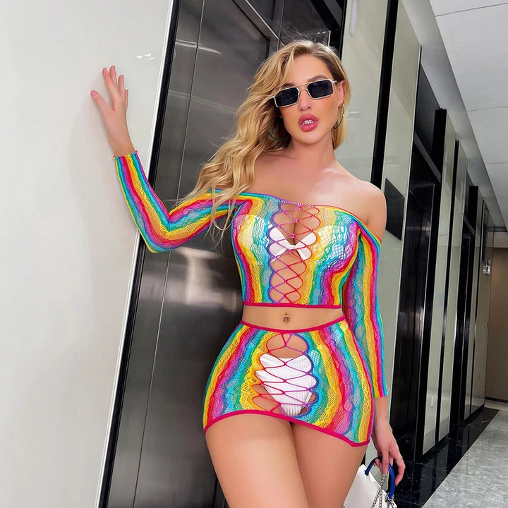 Rave Rainbow Color Body Stocking Lingerie 2pc 2024 Femme Sexy Fishnet Bodystocking Nylon Colorful Stockings Full Body
