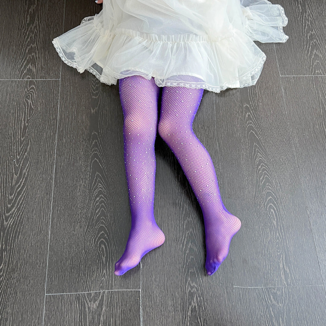 Small Weft Children's Rhinestone Fishnet Stockings White Diamond Shiny Litter Girls Pantyhose Tights Candy Color Socks