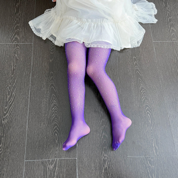 Small Weft Children's Rhinestone Fishnet Stockings White Diamond Shiny Litter Girls Pantyhose Tights Candy Color Socks