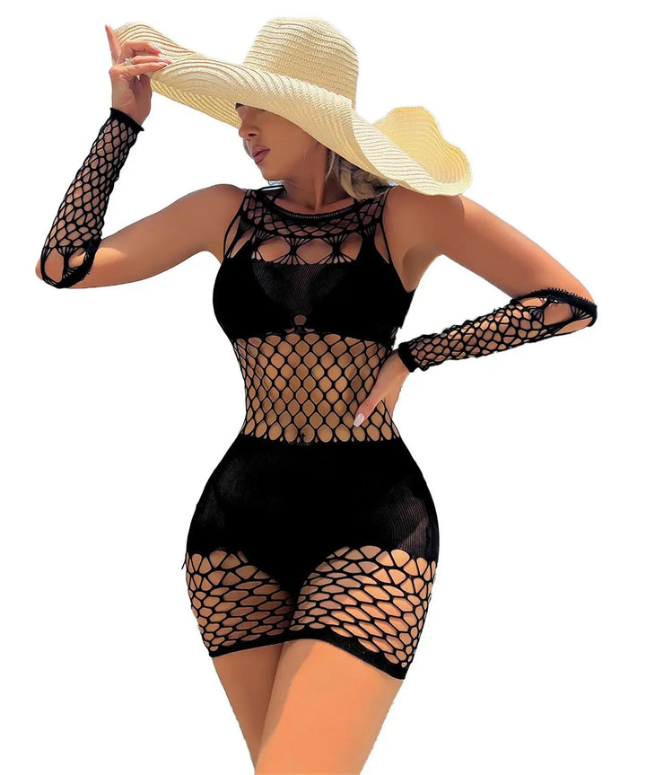 Womens Lingerie Fishnet Dress Mesh Bady Doll Fishnet Bodysuit  Wholesale 2pcs Set Sexy Bodystocking See Through Chemise