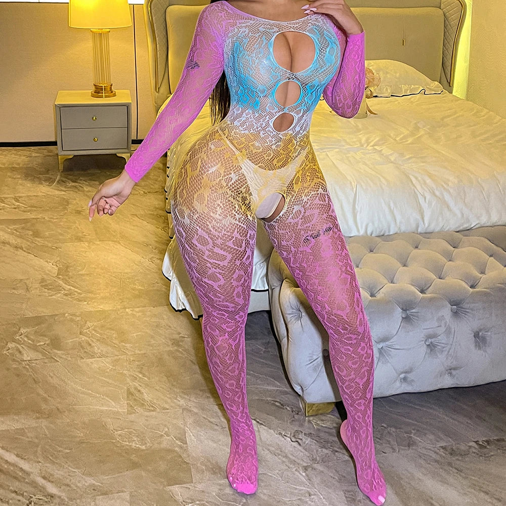 Gradual Pink Full Body Stocking for Women Transparent Bodysuit Hollow Out Lingerie Bodycon Jumpsuits Hot Selling Products W824
