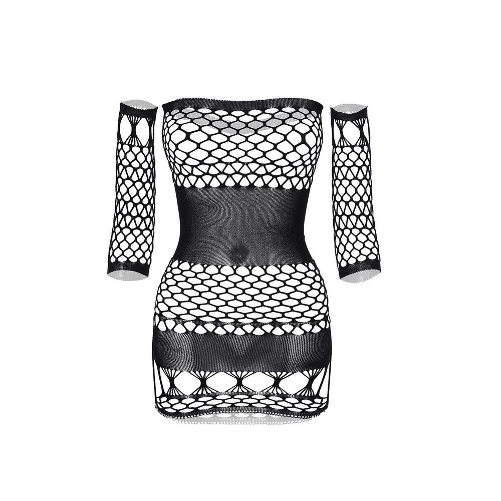 Womens Lingerie Fishnet Dress Mesh Bady Doll Fishnet Bodysuit  Wholesale 2pcs Set Sexy Bodystocking See Through Chemise