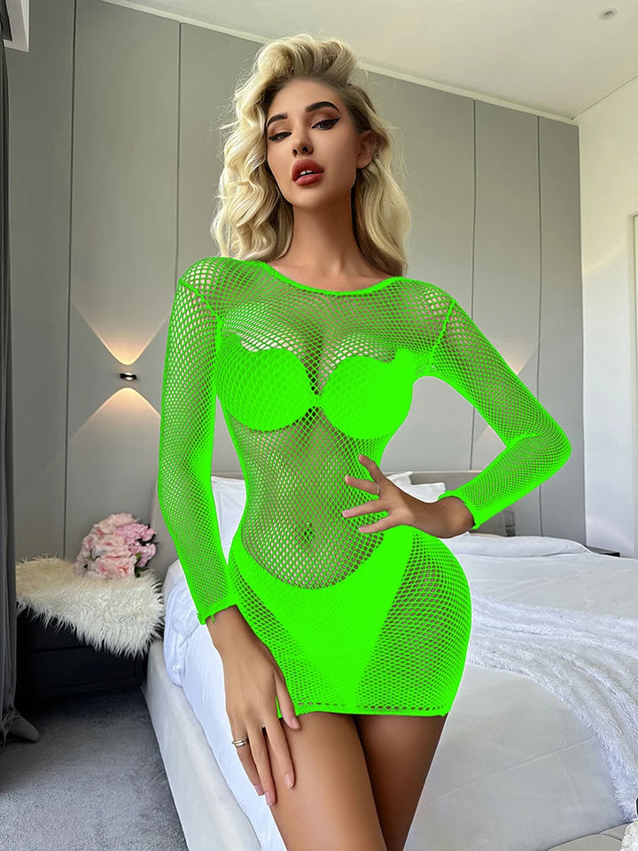 Sexy Mini Fishnes Nets Lingerie Dress Womens Sexy Backless Bodysuit With Mesh Sleeve Glove Women Clothing Bodystocking
