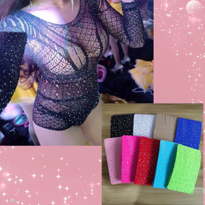 Design Sexy Lingerie for Chubby Women Rhinestone Fishnet Bodystocking Diamond Bikini Long Sleeve Babydoll Bodysuit