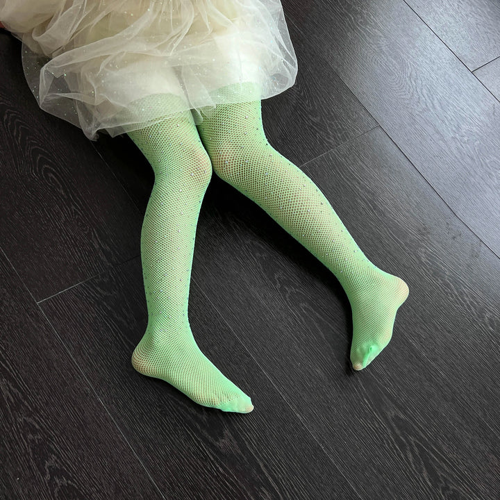 Small Weft Children's Rhinestone Fishnet Stockings White Diamond Shiny Litter Girls Pantyhose Tights Candy Color Socks