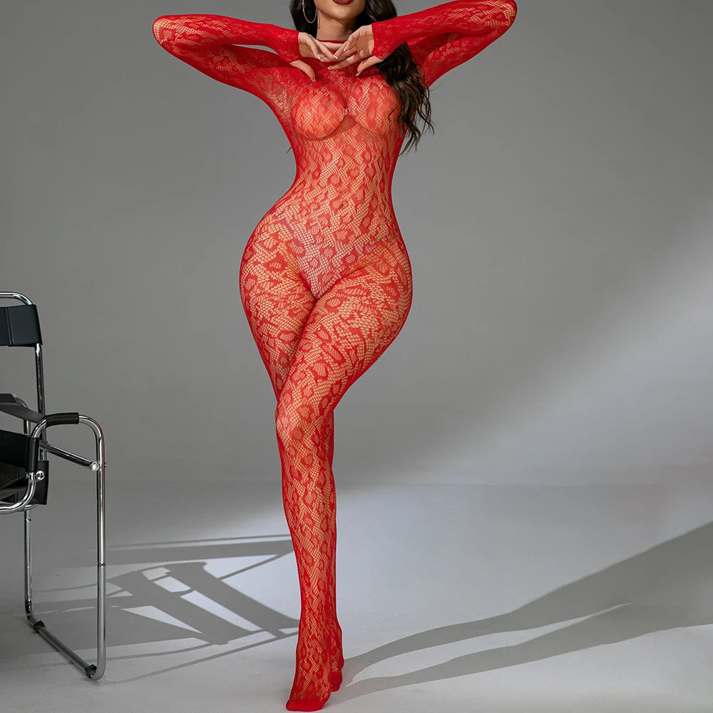 Women's Sexy Leopard Print Mesh Bodystocking Thin Transparent One Piece Fishnet Stocking New Bodysuit Nightwear Lingerie G135