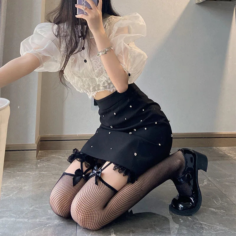 Sexy High Waisted Tights Lace Bow Condole Lace Suspender Thigh High Knee Fishnet Stockings Costume Party Tights