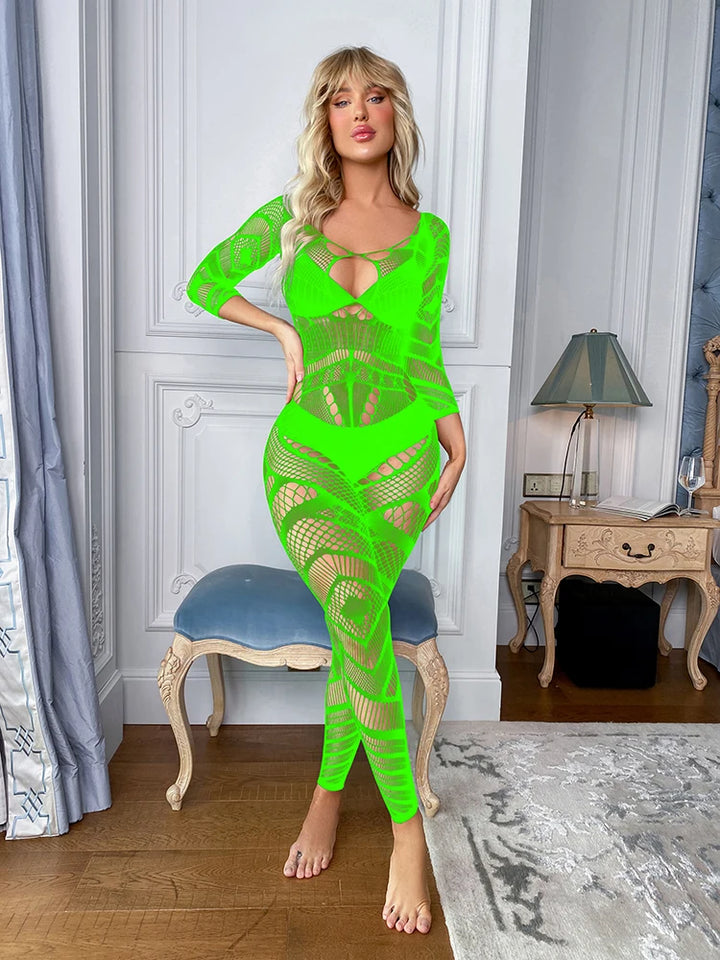 Hot Plus Size Women's Clothing Nylon Fishnets Bodysuit Mesh Sheer Lingerie Femme Sexy Crotchless Body Stocking Lingerie