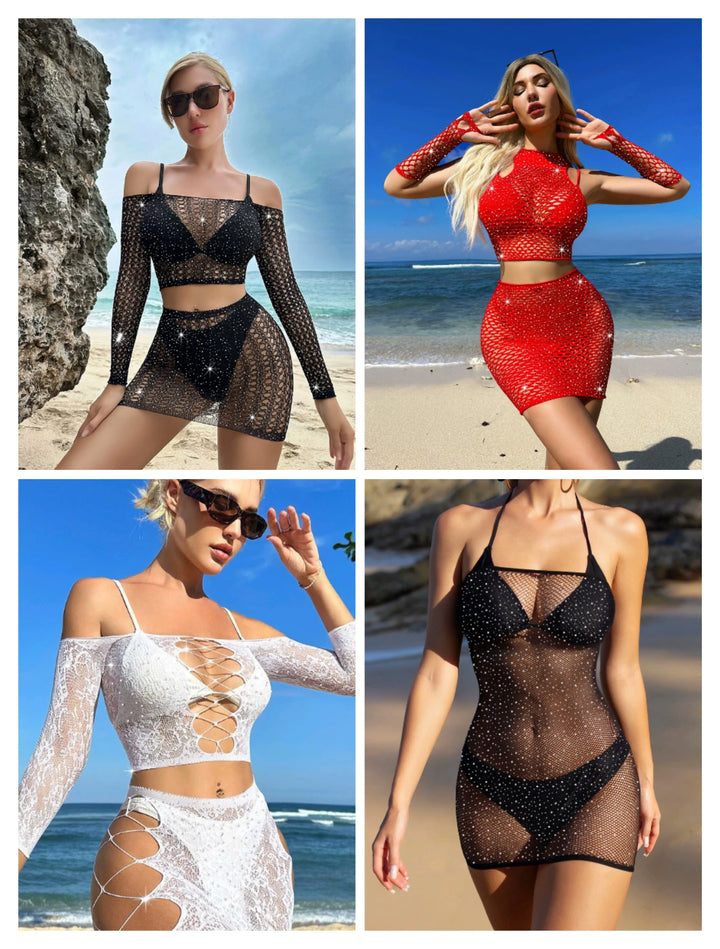 Fishnet Rhinestone Lingerie Femme Sexy Crotchless Stockings Full Body Mature Women Bling Sexy Erotic Lingerie Set