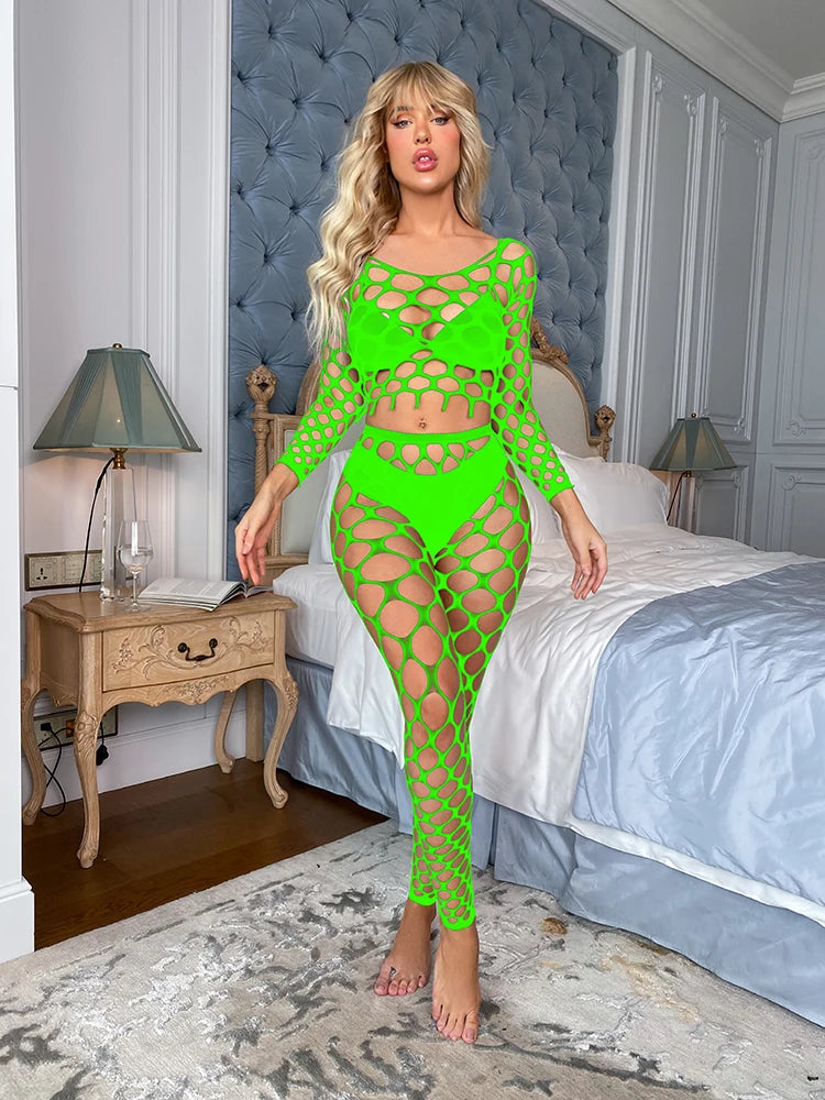 Plus Size Cutout 2PCS Sets Pantyhose Tights Big Mesh Net Lingerie Stockings Sexy Fishnets Bodystocking for Women